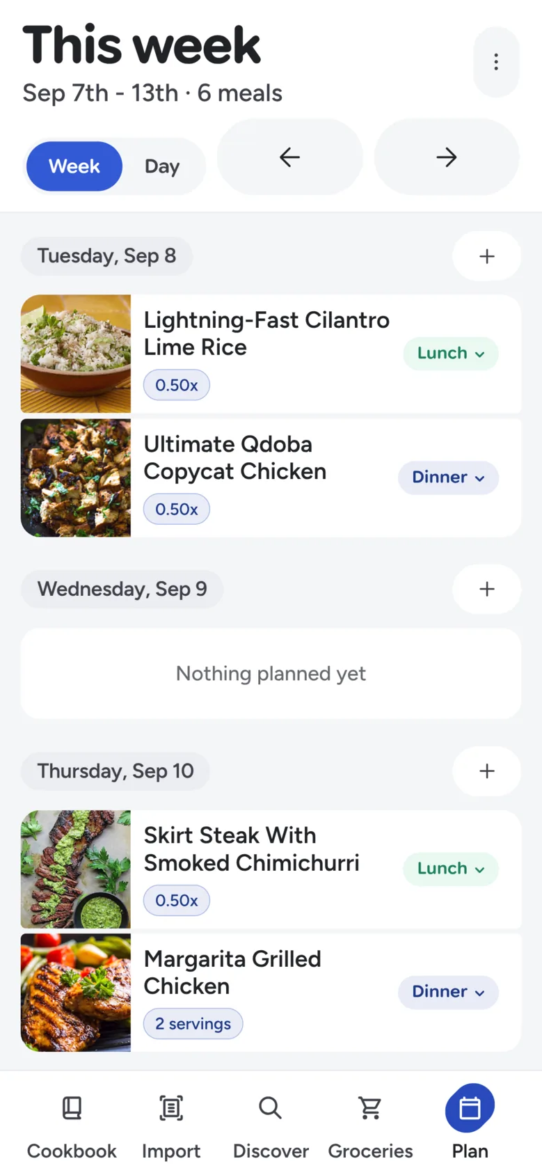 Recipe Scout meal plan screen