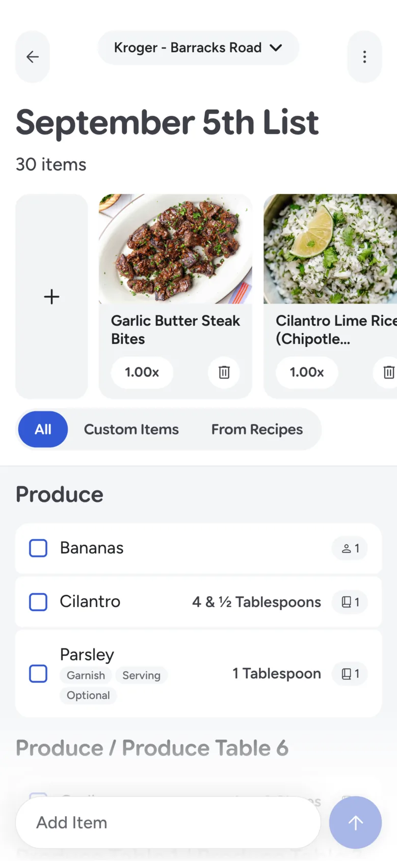Recipe Scout shopping list screen