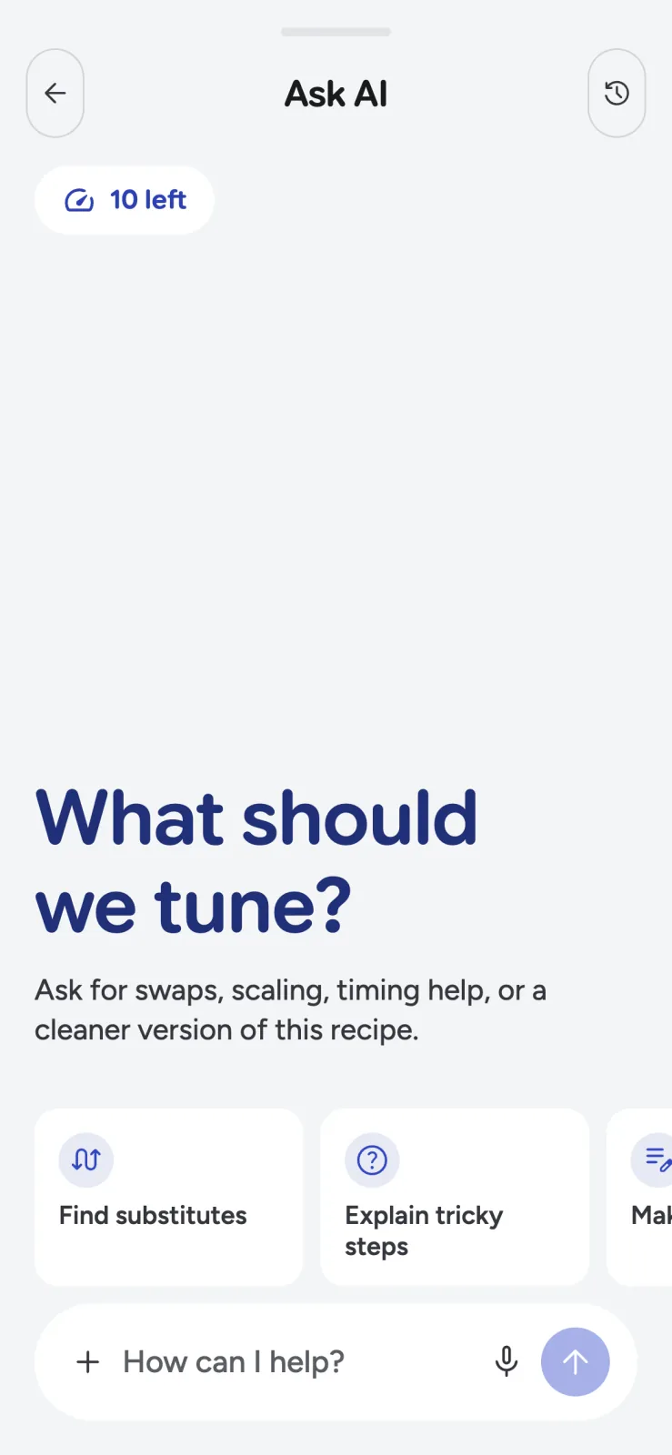 Recipe Scout Ask AI panel with substitution and technique suggestions