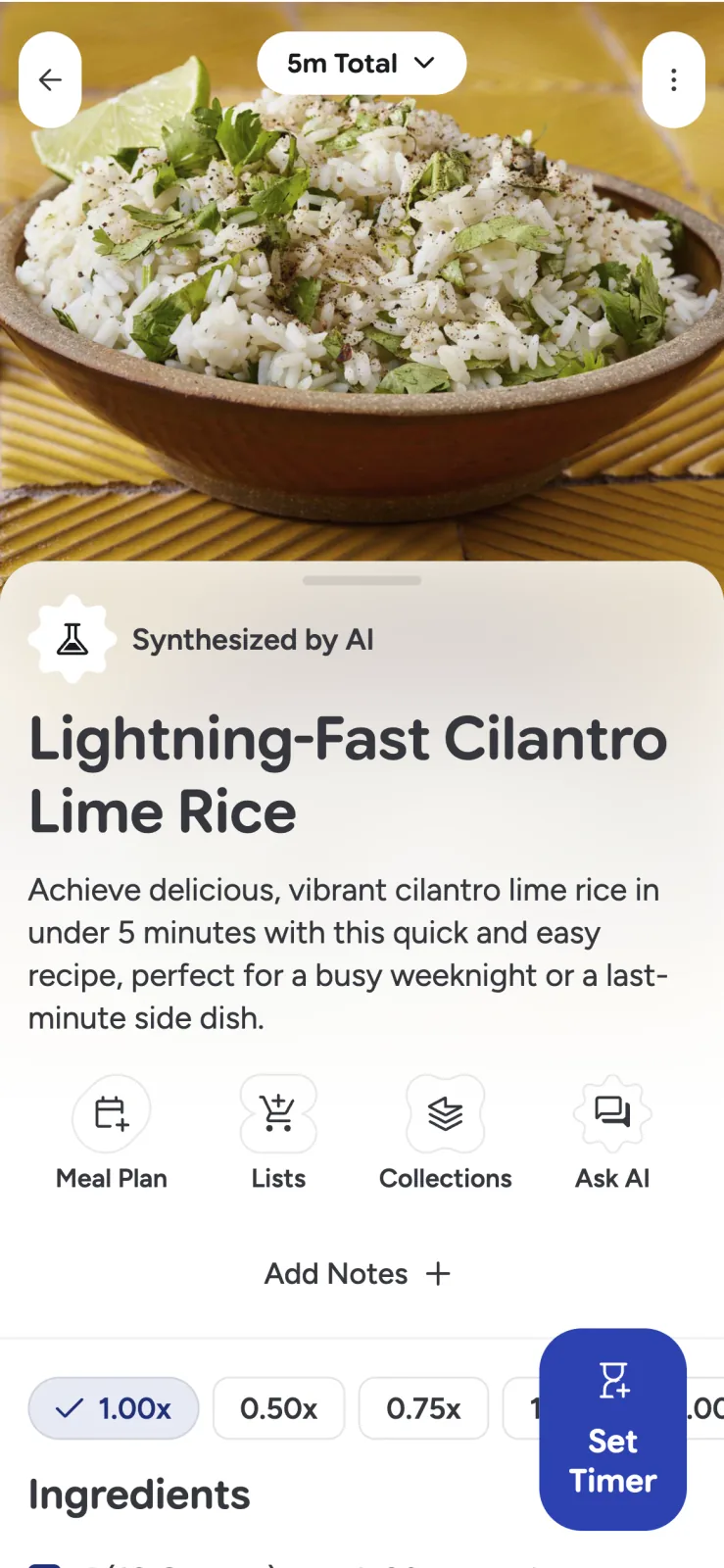 Recipe Scout cooking mode with recipe actions and kitchen timer controls