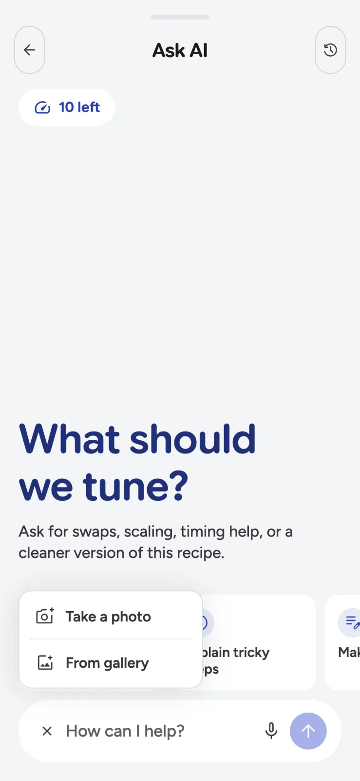 Recipe Scout Ask AI attachment menu with camera and gallery options
