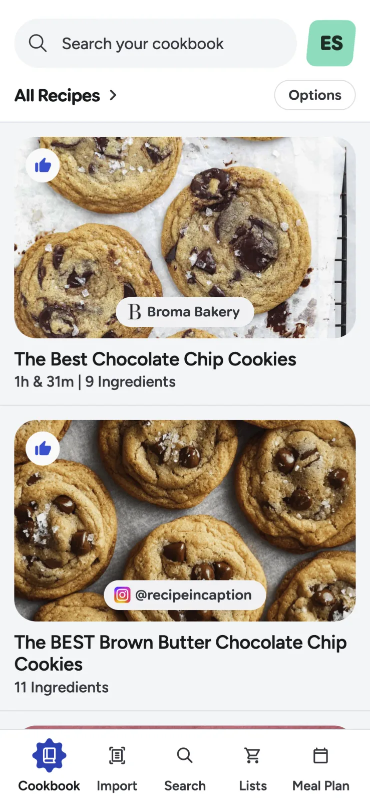 Recipe Scout cookbook containing saved recipes from several sources