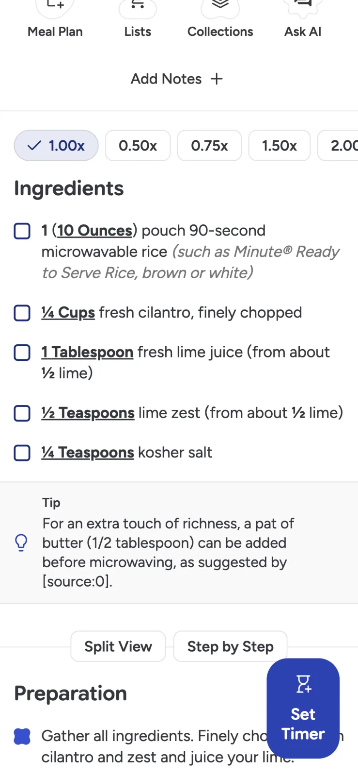 Recipe Scout ingredient list with scaling controls and recipe quantities