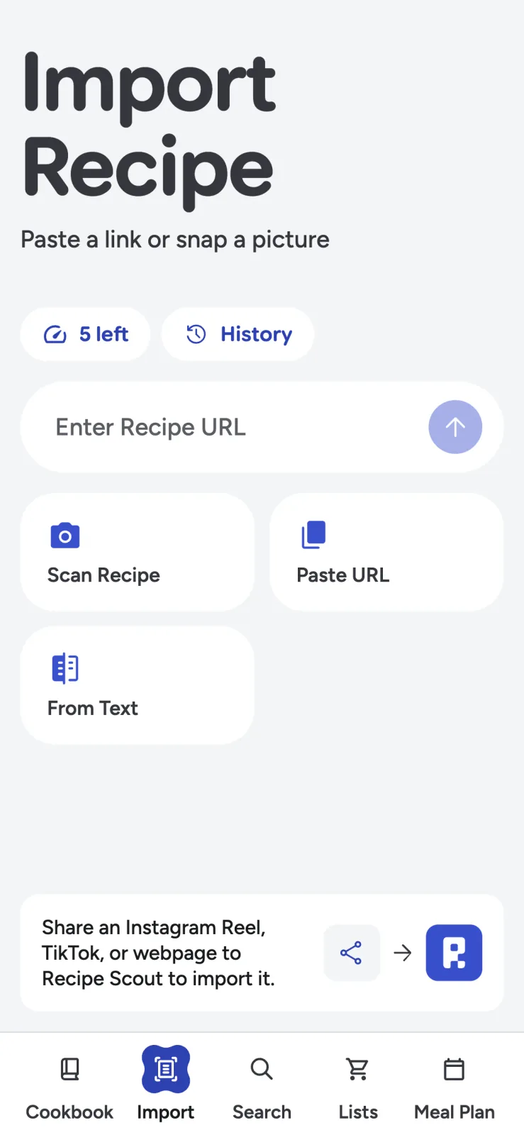 Recipe Scout recipe import screen