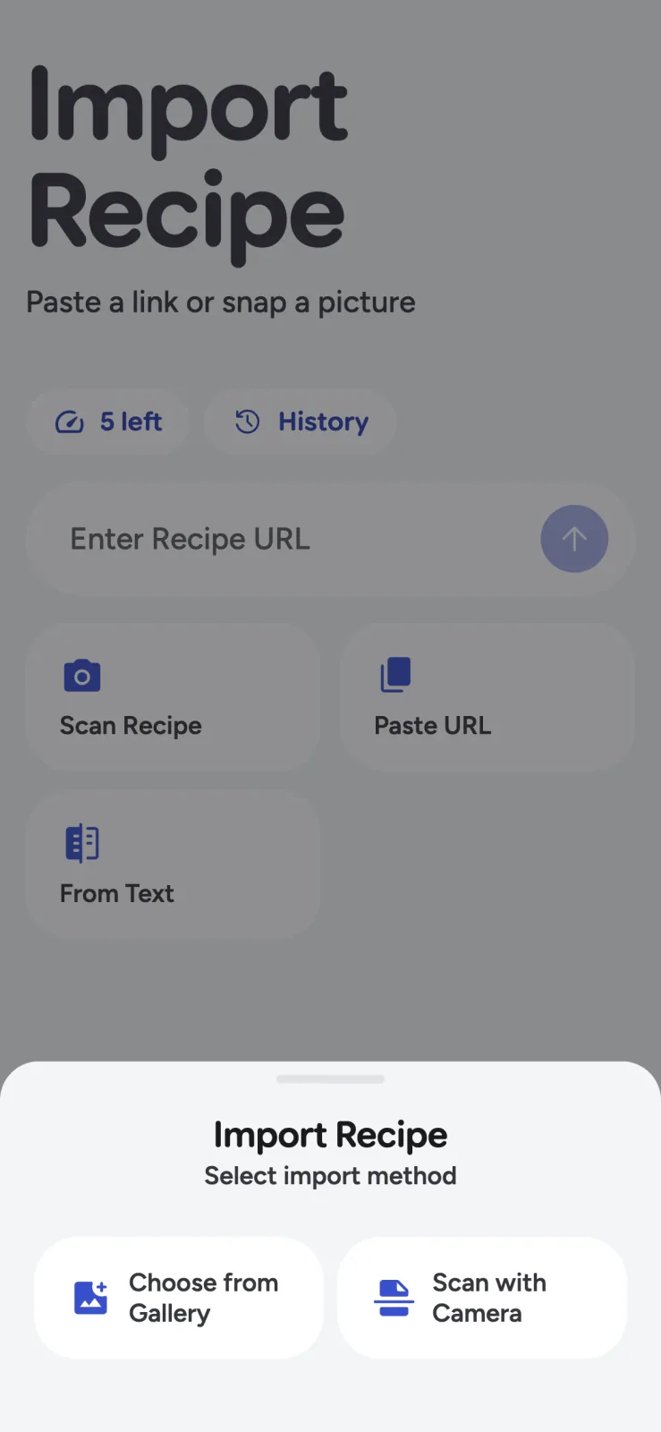 Recipe Scout choices for scanning with the camera or choosing a gallery photo