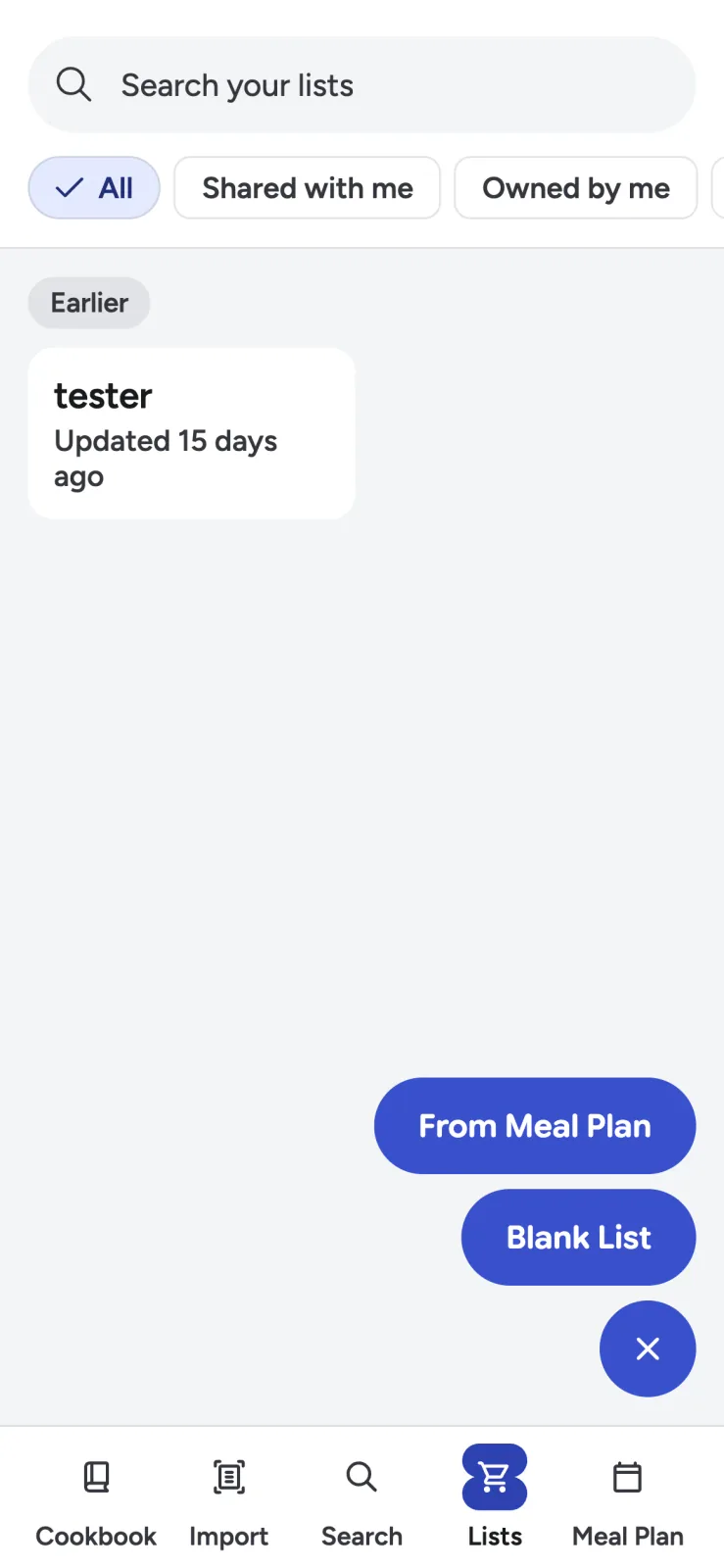 Recipe Scout options for creating a blank list or starting from a meal plan