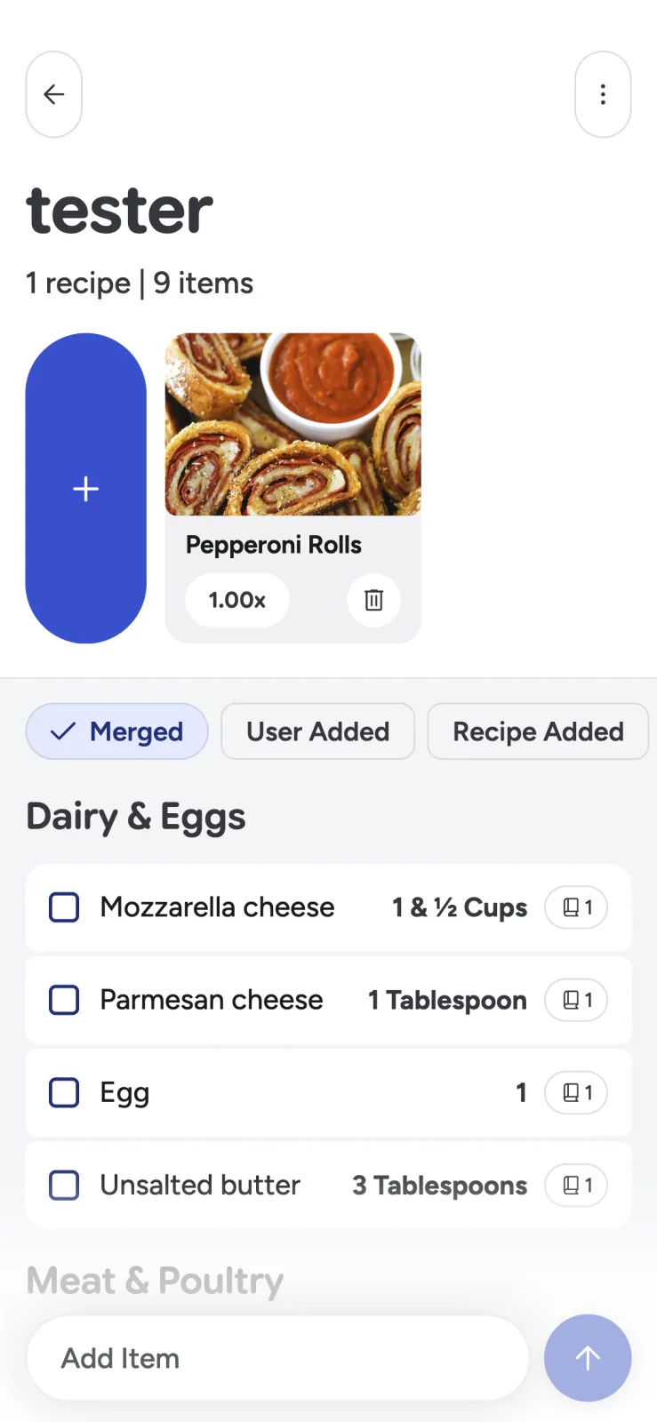 Recipe Scout categorized shopping list