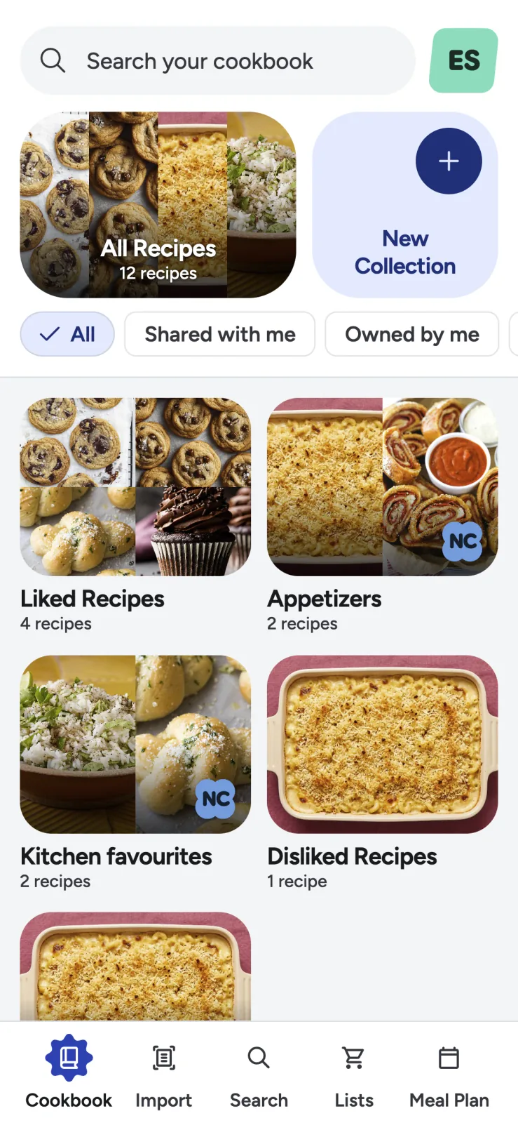 Recipe Scout collection browser with ownership and sharing filters