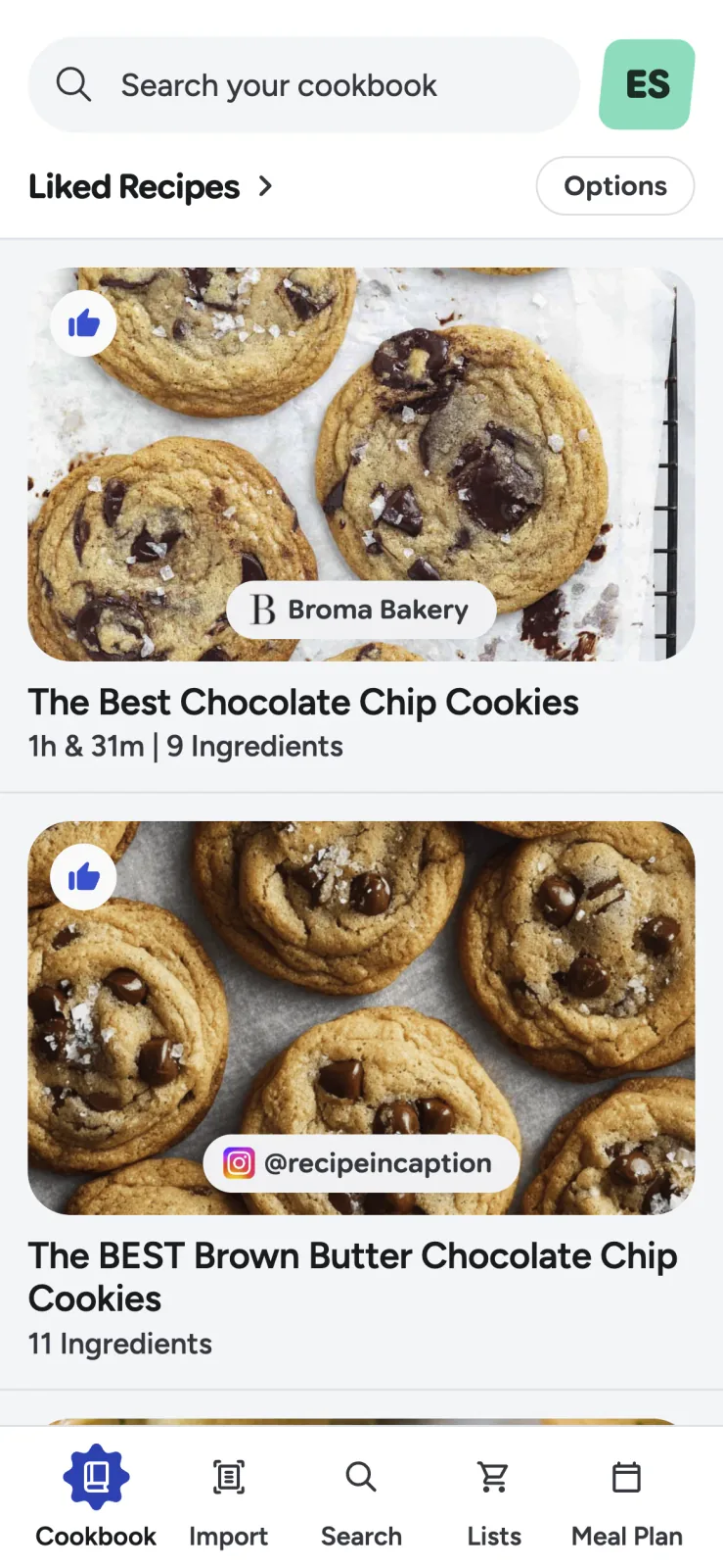 Liked recipes grouped together in a Recipe Scout collection