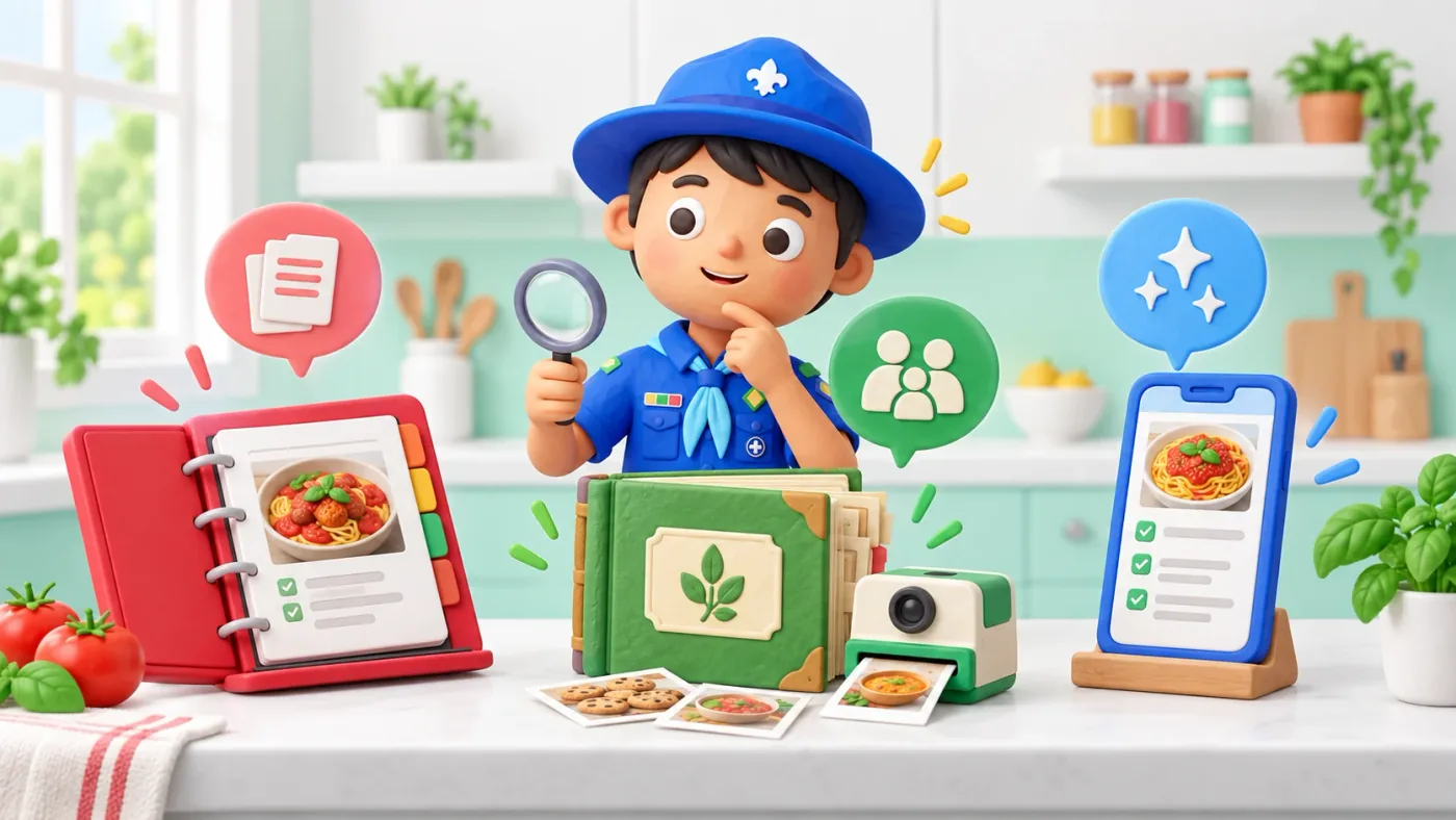 Recipe Scout character comparing a digital recipe binder, a family recipe archive, and a mobile cookbook