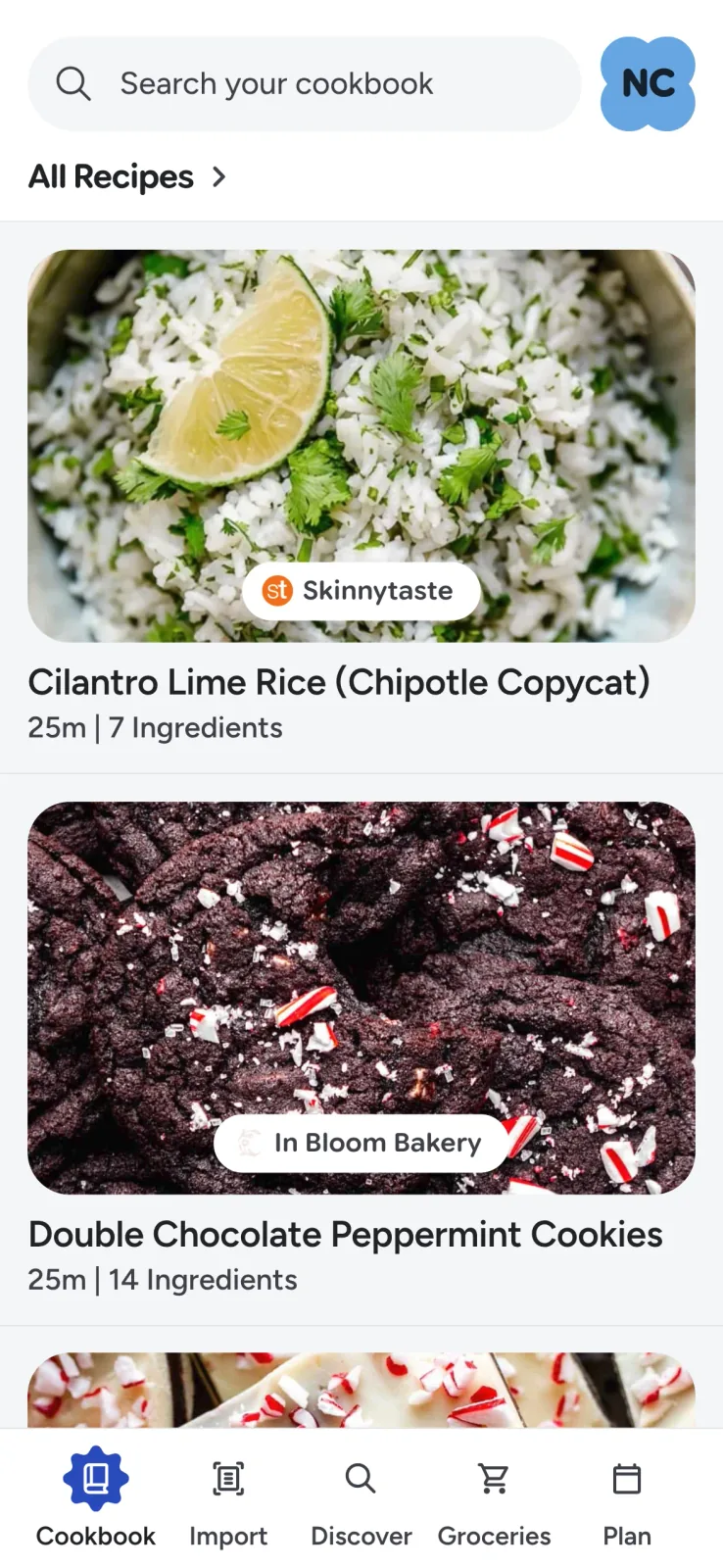 Recipe Scout cookbook showing searchable recipes from websites and social sources