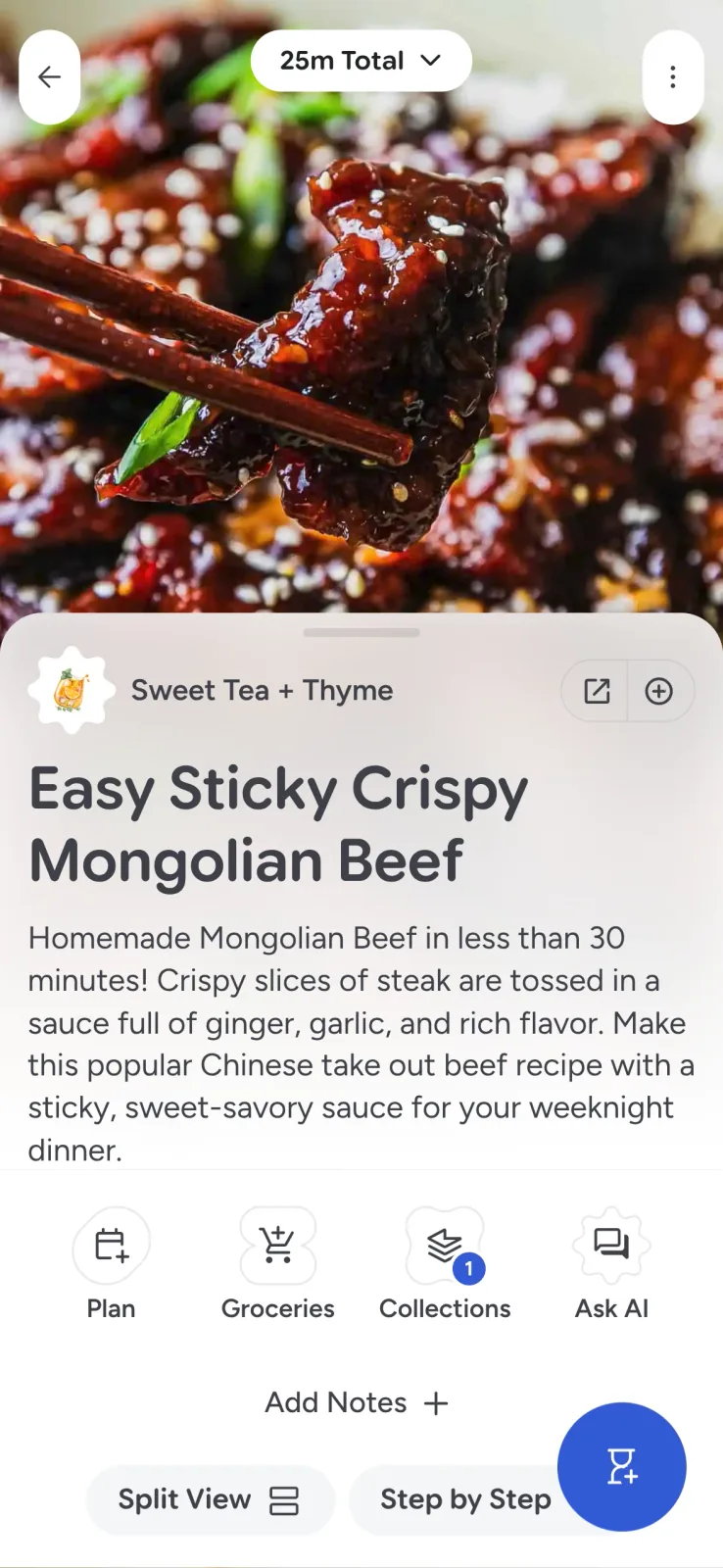 Recipe Scout cooking view with scaling, timers, meal planning, lists, collections, and recipe-aware help