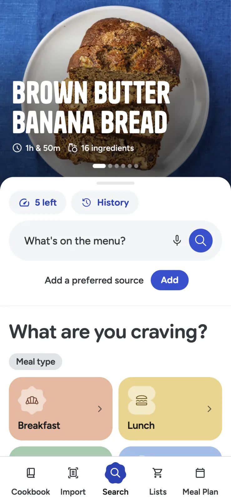 Recipe Scout discovery screen organized by meal, diet, cuisine, and ingredient