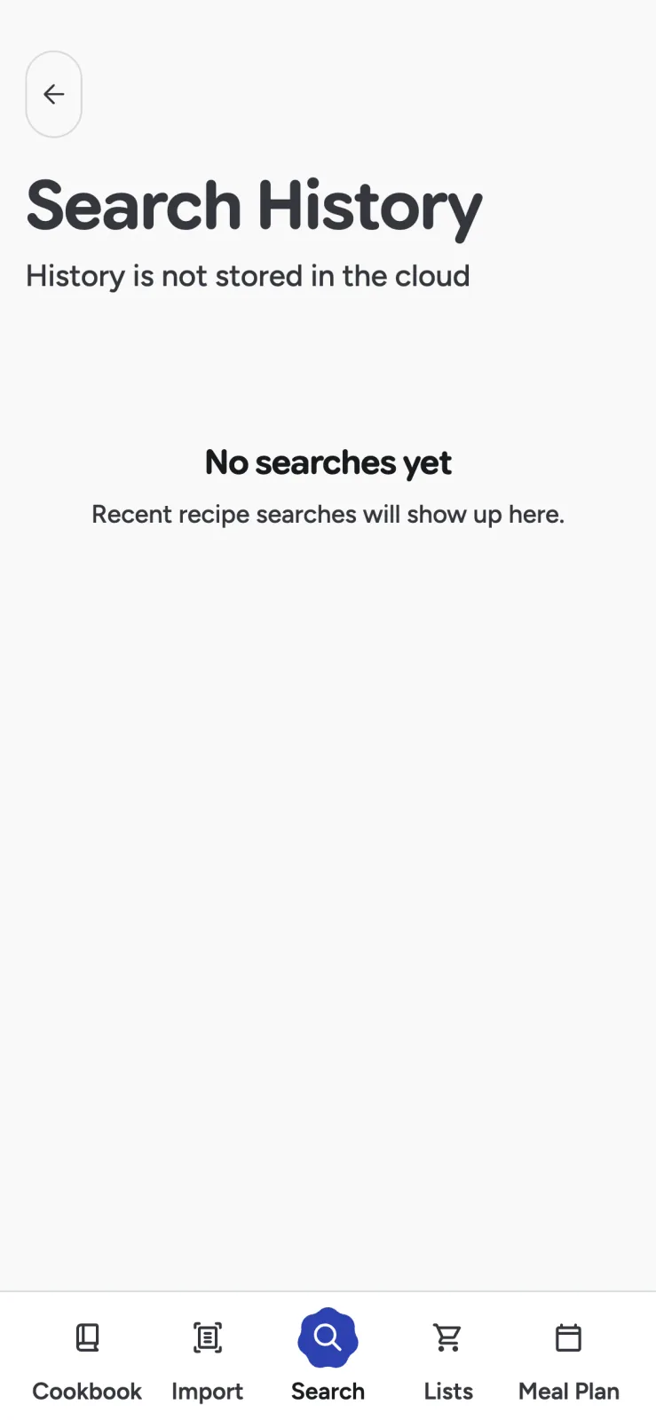 Recipe Scout search history for returning to earlier recipe searches
