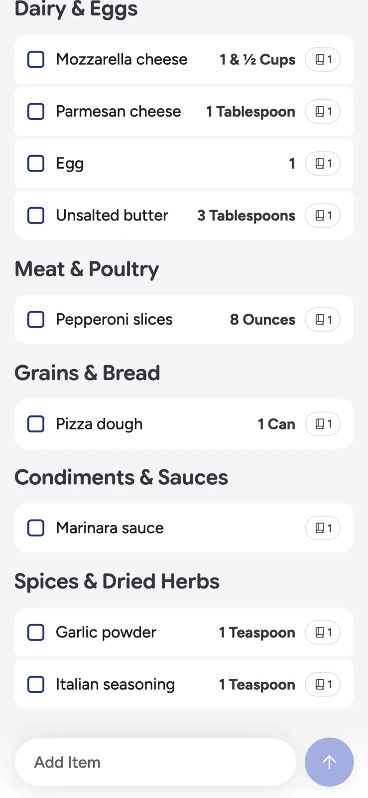 Recipe Scout grocery list with categorized recipe ingredients