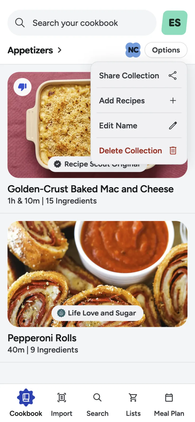 Recipe Scout collection actions for sharing and managing a recipe collection