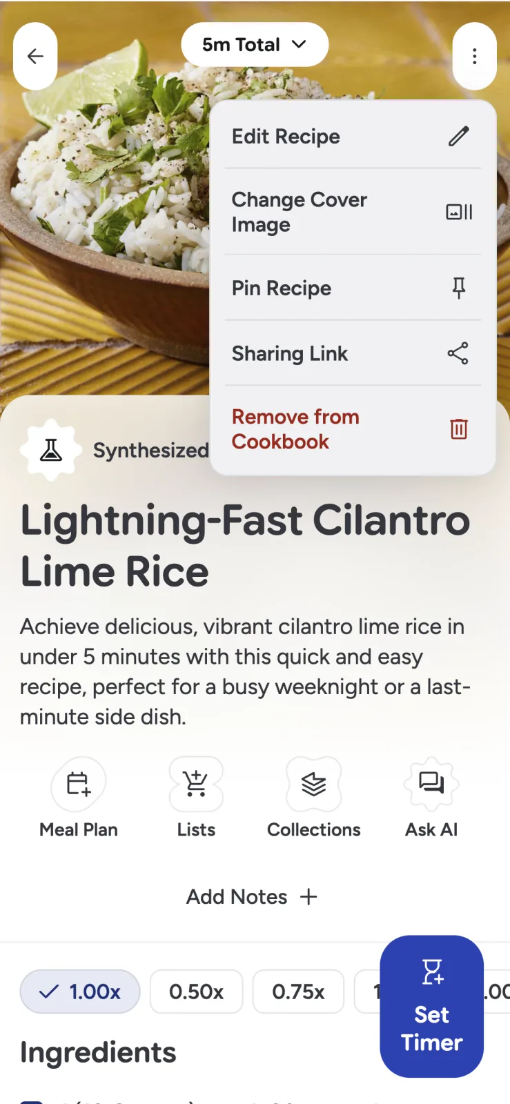 Recipe Scout recipe menu with a sharing-link action
