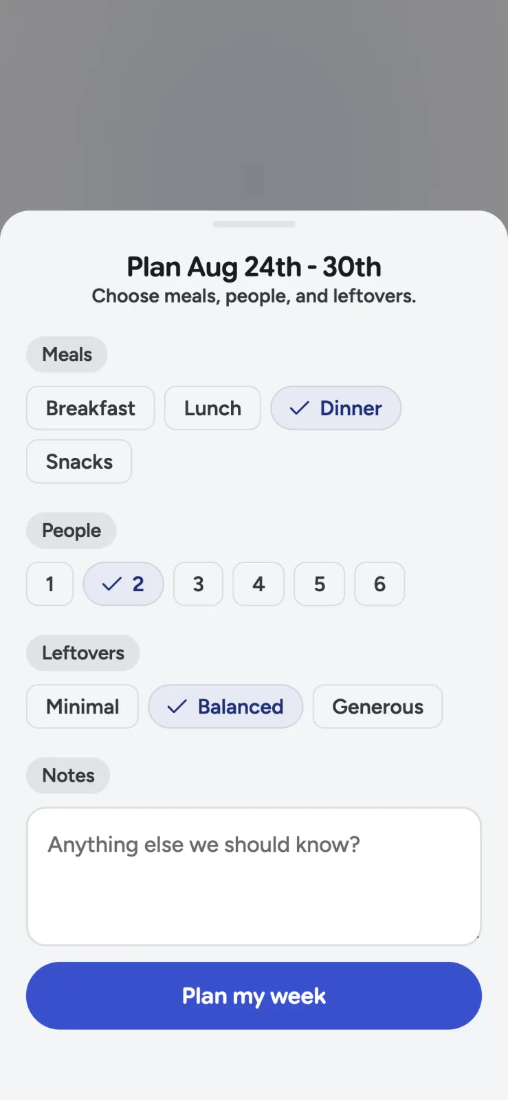 Recipe Scout guided planner for choosing meals, people, and leftovers