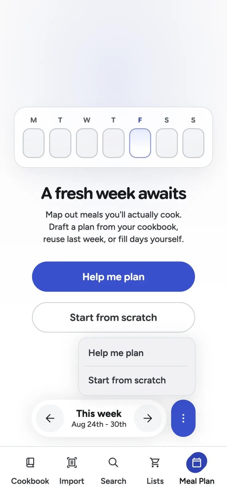 Recipe Scout meal-plan menu with guided and manual planning choices
